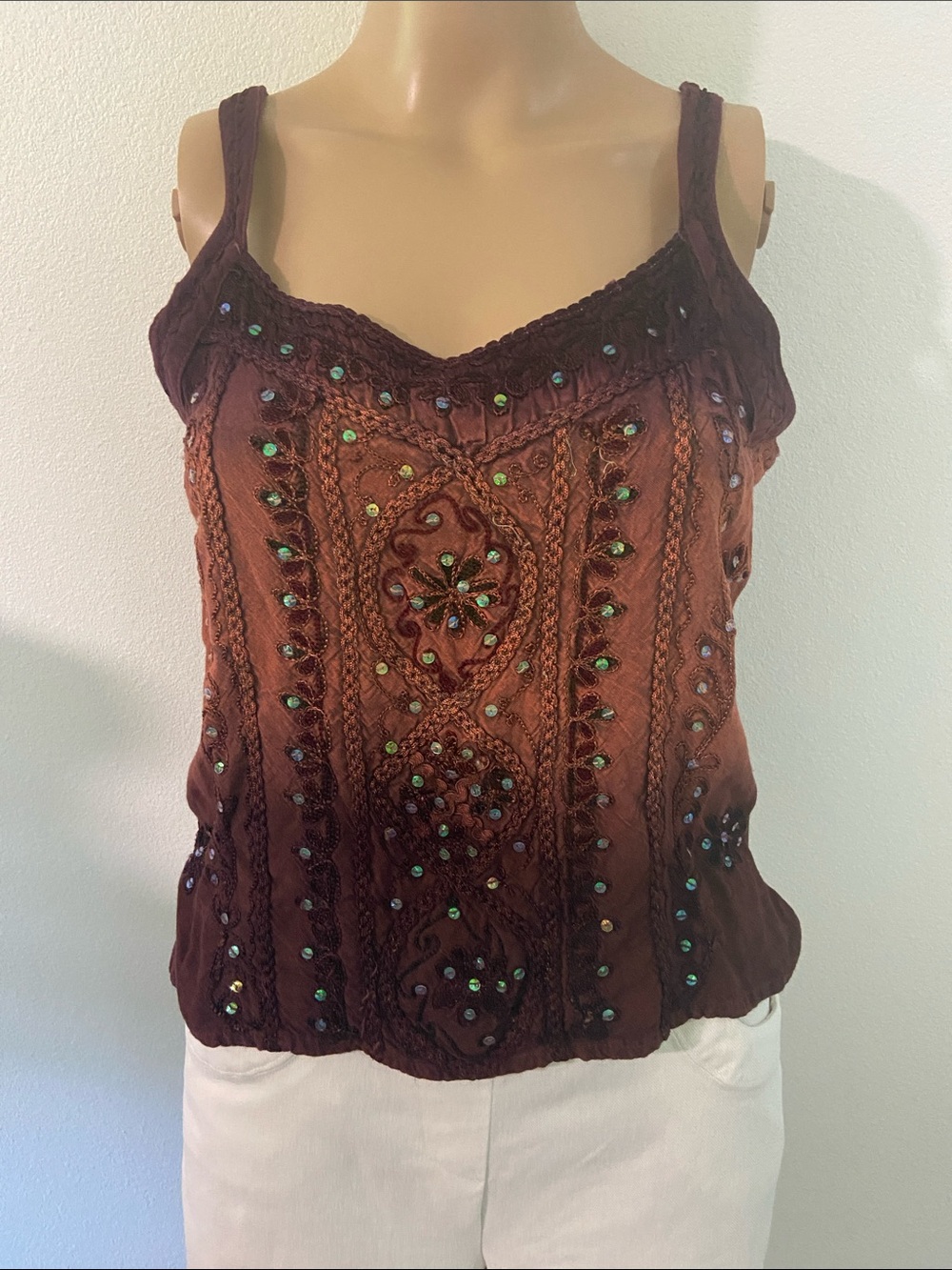 Embellished Brown Beaded Women's Camisole - Decorative Sleeveless Tank